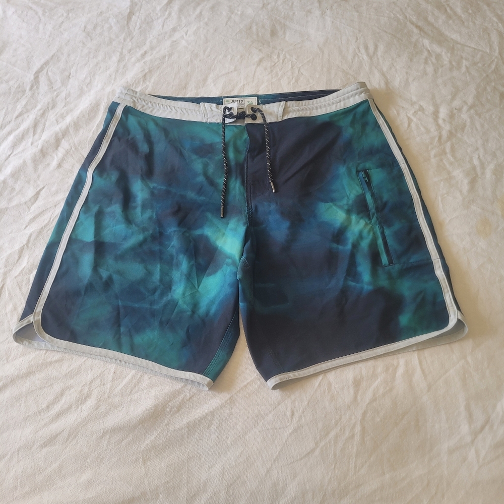 Jetty Board Shorts Drawstring Swim Trunks Men's Size 34 Tie Dye Green Blue